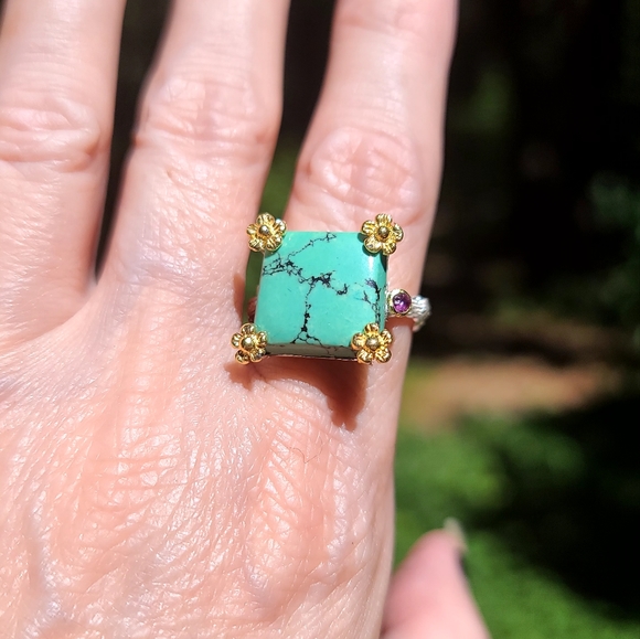 Turquoise & Amethyst sterling & gold daisy ring sz 8.5 - Picture 9 of 9